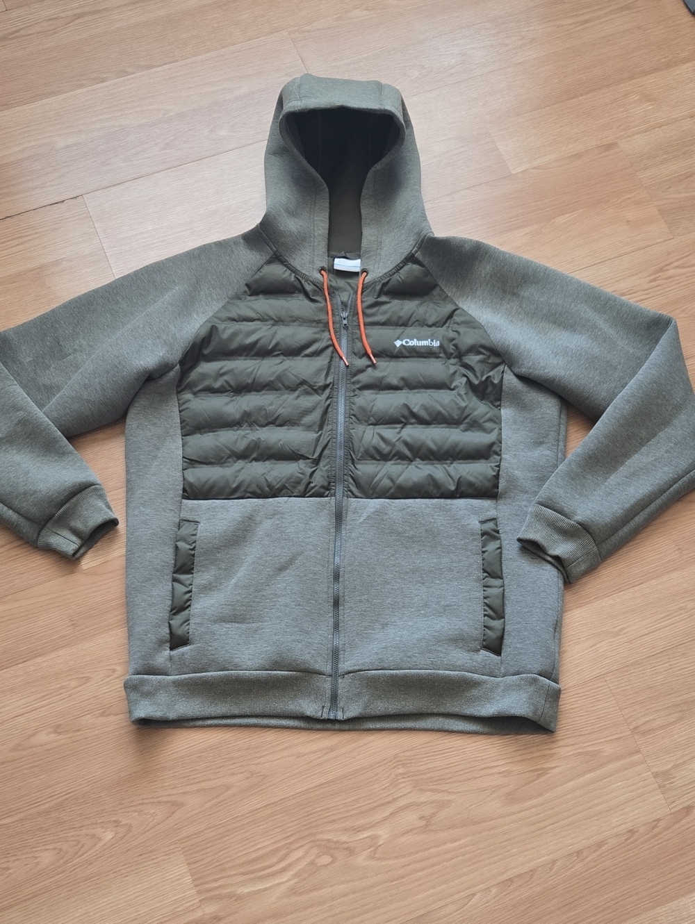 Columbia Olive Green Hooded Hybrid Performance Jacket with Orange Drawcords